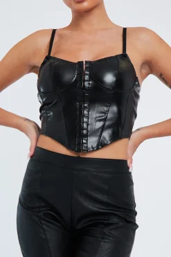 Rebellious Fashion Black PU Leather Hook And Eye Corset Crop Top - Zelah