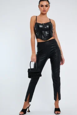 Rebellious Fashion Black PU Leather Hook And Eye Corset Crop Top - Zelah