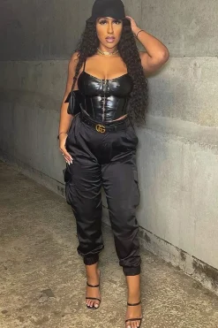 Rebellious Fashion Black PU Leather Hook And Eye Corset Crop Top - Zelah