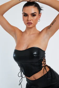 Rebellious Fashion Black PU Leather Lace Up Corset Crop Top - Vian