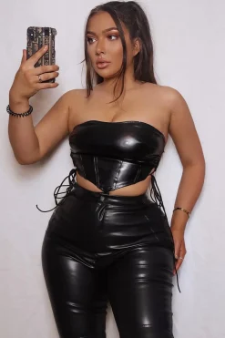 Rebellious Fashion Black PU Leather Lace Up Corset Crop Top - Vian