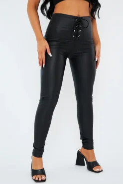 Rebellious Fashion Black PU Leather Lace Up Front Leggings - Krina