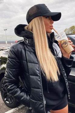Rebellious Fashion Black PU Leather Puffer Coat - Kobie