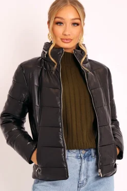 Rebellious Fashion Black PU Leather Puffer Coat - Kobie