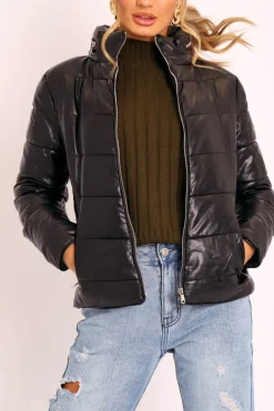 Rebellious Fashion Black PU Leather Puffer Coat - Kobie