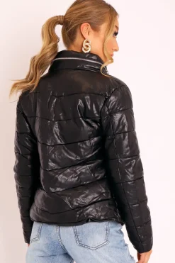 Rebellious Fashion Black PU Leather Puffer Coat - Kobie