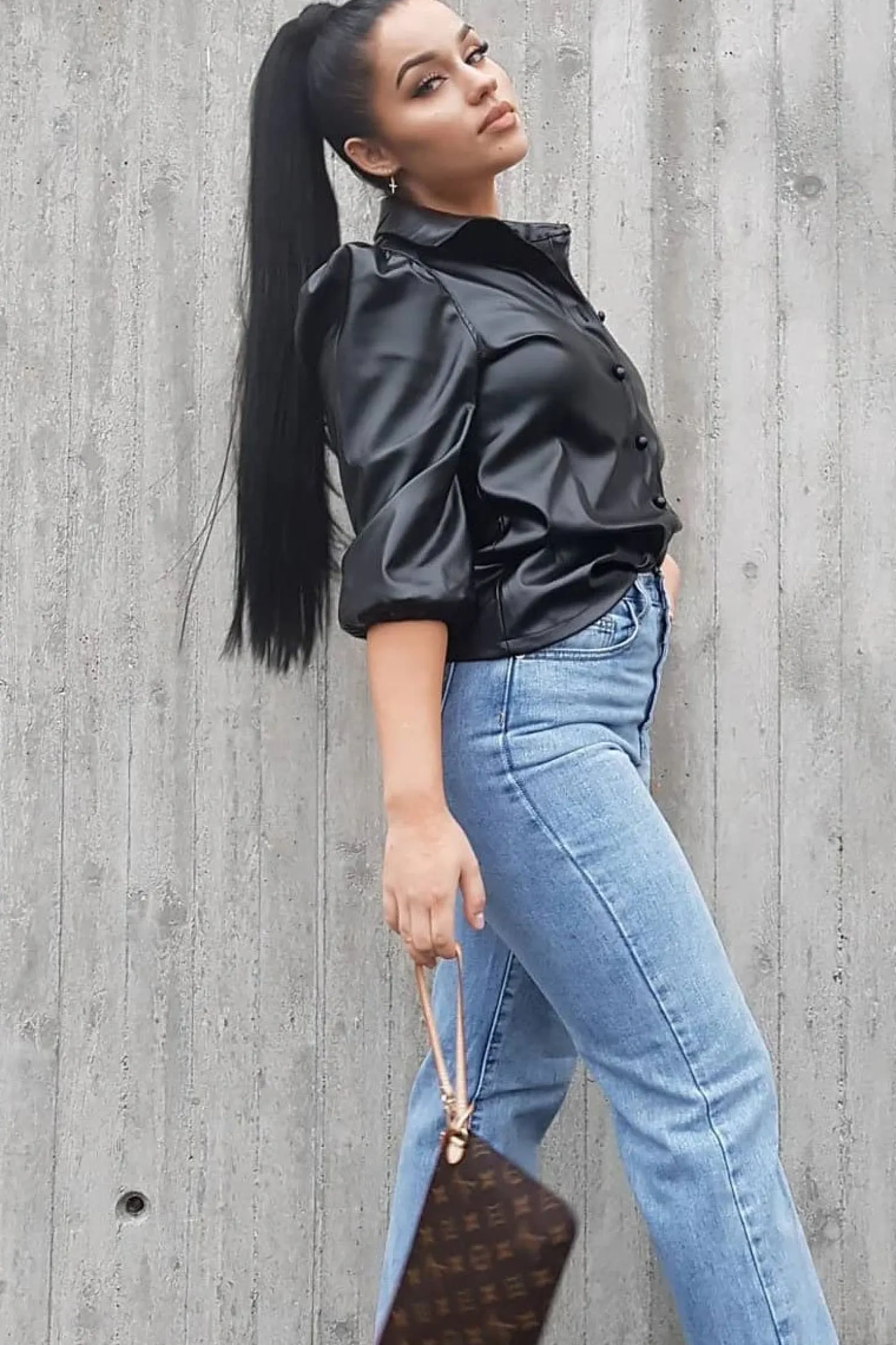 Rebellious Fashion Black PU leather 3/4 Puff Sleeve Shirt - Pyper
