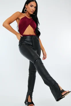Rebellious Fashion Black PU Leather Split Hem Skinny Trousers - Ellsi