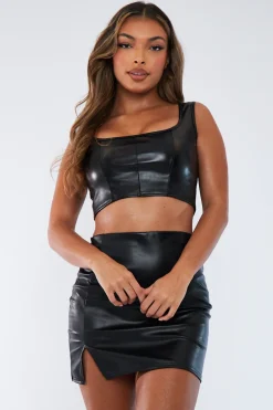 Rebellious Fashion Black PU Leather Split Mini Skirt - Lyla