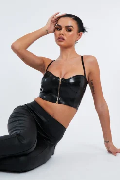 Rebellious Fashion Black PU Leather Zip Front Crop Top - Jisha