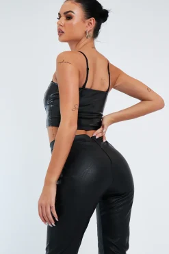 Rebellious Fashion Black PU Leather Zip Front Crop Top - Jisha
