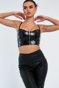 Rebellious Fashion Black PU Leather Zip Front Crop Top - Jisha