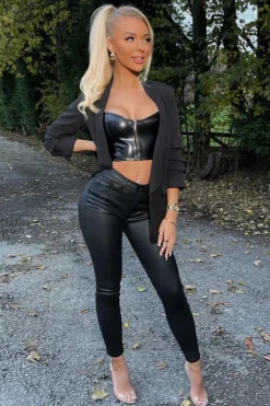 Rebellious Fashion Black PU Leather Zip Front Crop Top - Jisha