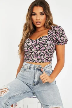 Rebellious Fashion Black Purple Floral Corset Crop Top - Ferne