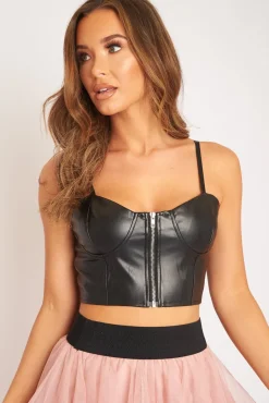 Rebellious Fashion Black PU Zip Front Bralet - Linsa