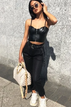 Rebellious Fashion Black PU Zip Front Bralet - Linsa