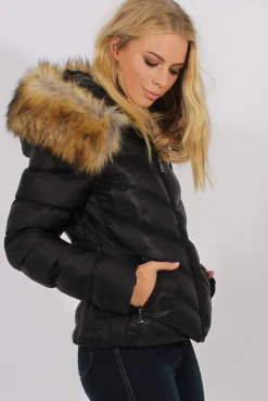 Rebellious Fashion Black Quilted Coat with Faux Fur Hood Trim - Ester