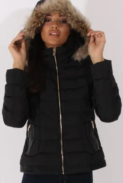 Rebellious Fashion Black Quilted Coat with Faux Fur Hood - Vega