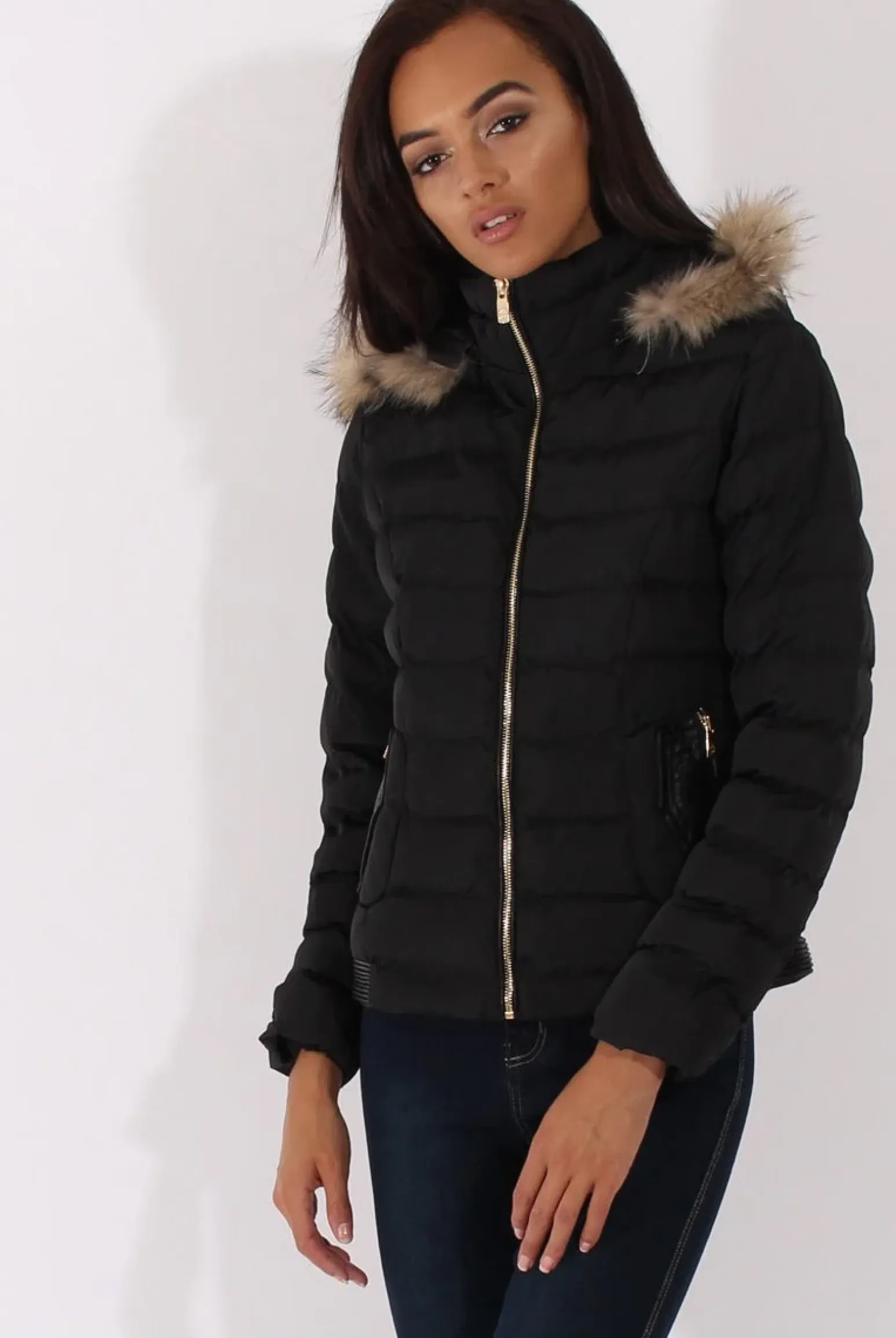 Rebellious Fashion Black Quilted Coat with Faux Fur Hood - Vega