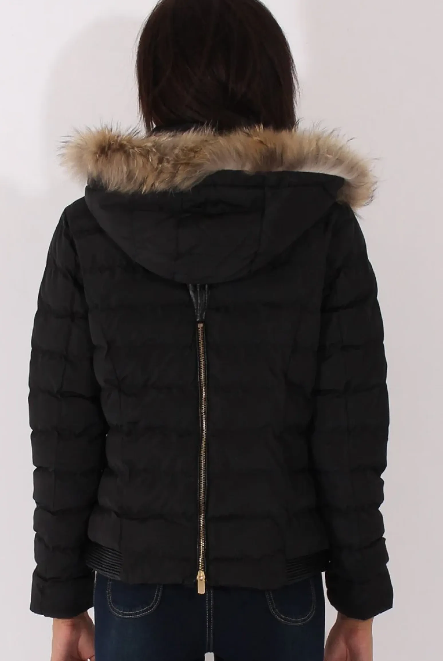 Rebellious Fashion Black Quilted Coat with Faux Fur Hood - Vega