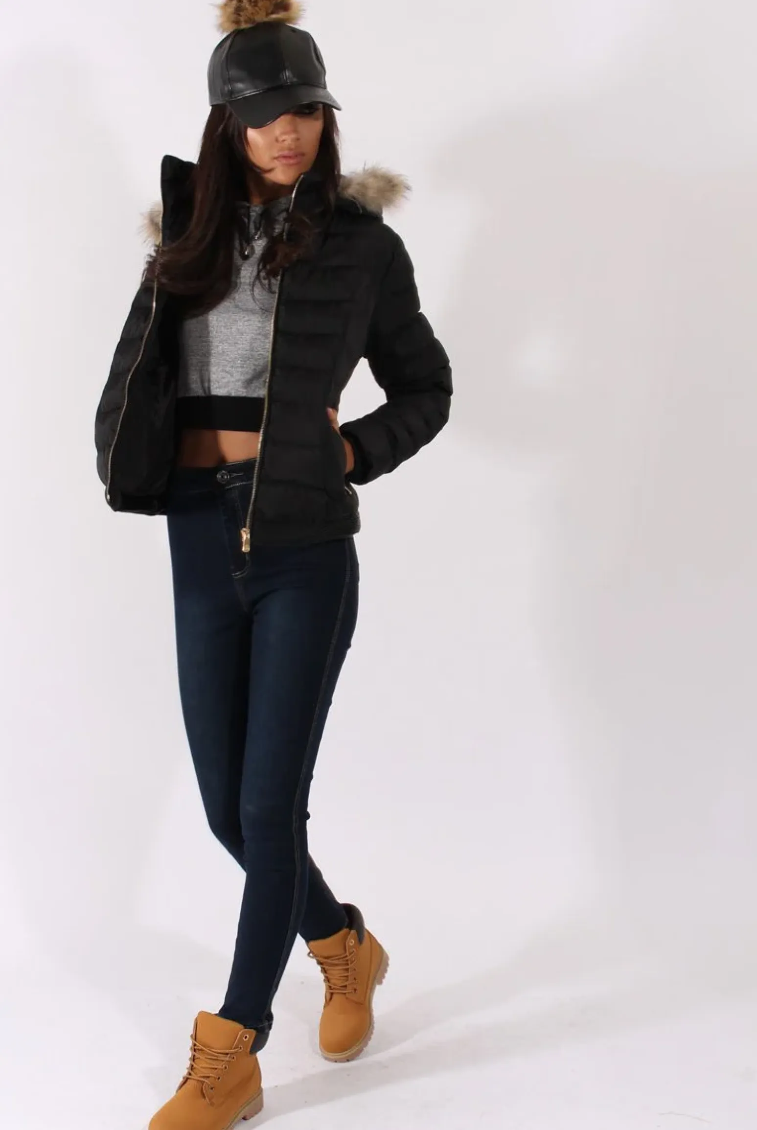 Rebellious Fashion Black Quilted Coat with Faux Fur Hood - Vega