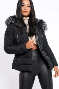Rebellious Fashion Black Quilted Coat with Fur Hood - Indee