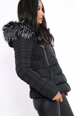 Rebellious Fashion Black Quilted Coat with Fur Hood - Indee