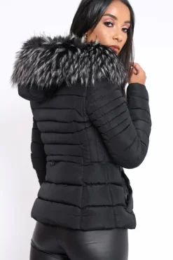 Rebellious Fashion Black Quilted Coat with Fur Hood - Indee