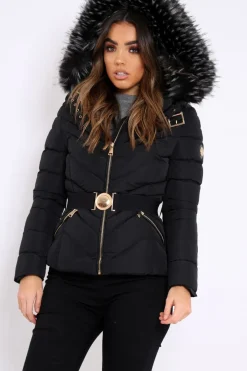 Rebellious Fashion Black Quilted Coat with Fur Hood - Eleena