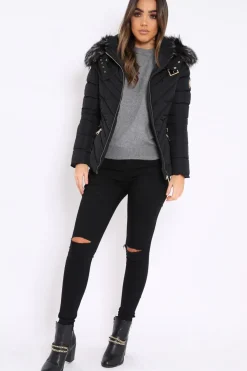 Rebellious Fashion Black Quilted Coat with Fur Hood - Eleena
