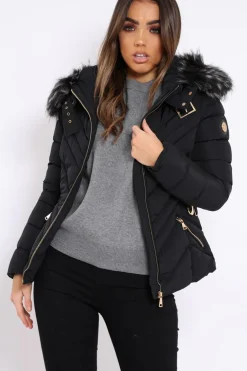 Rebellious Fashion Black Quilted Coat with Fur Hood - Eleena