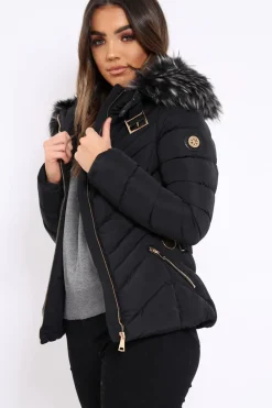 Rebellious Fashion Black Quilted Coat with Fur Hood - Eleena