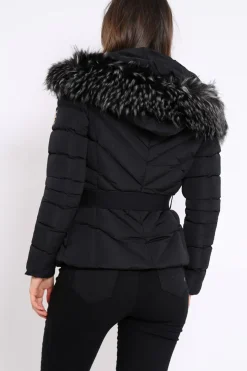 Rebellious Fashion Black Quilted Coat with Fur Hood - Eleena