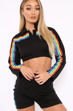 Rebellious Fashion Black Rainbow Stripe Collard Crop Top - Hinda