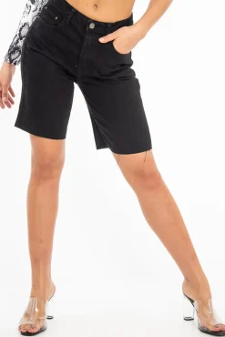 Rebellious Fashion Black Raw Hem Longline Denim Shorts - Melissa