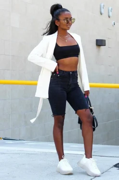 Rebellious Fashion Black Raw Hem Longline Denim Shorts - Melissa