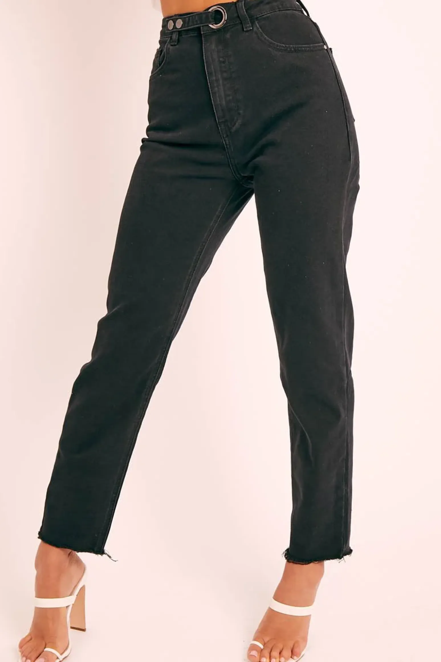 Rebellious Fashion Black Raw Hem Press Stud Fastening Mom Jeans - Landri