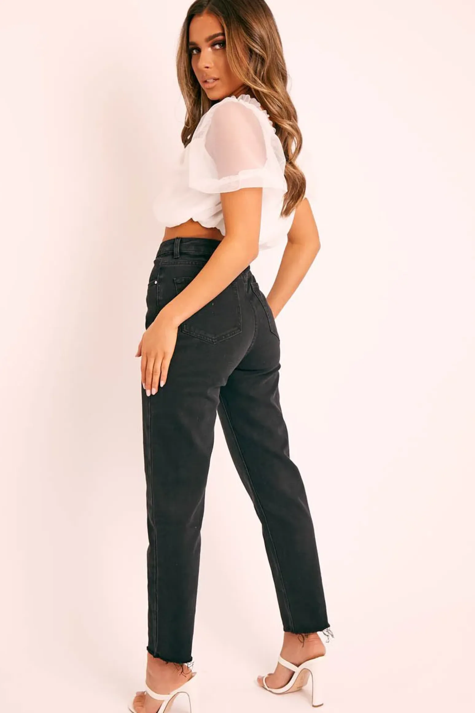 Rebellious Fashion Black Raw Hem Press Stud Fastening Mom Jeans - Landri