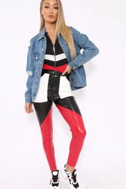 Rebellious Fashion Black Red and White Contrast Faux Leather Trousers - Pax