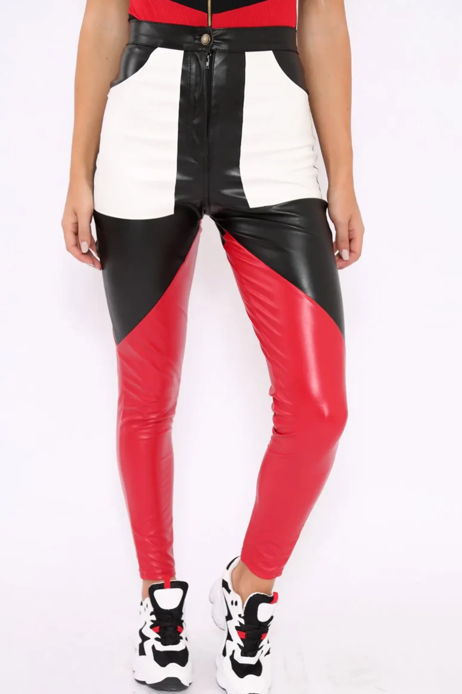 Rebellious Fashion Black Red and White Contrast Faux Leather Trousers - Pax