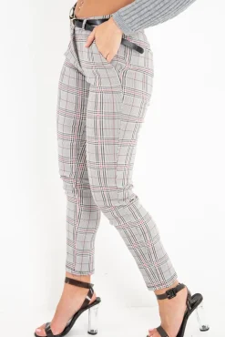 Rebellious Fashion Black Red Check Belted Skinny Trousers - Jayani