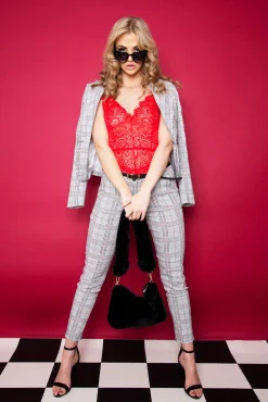 Rebellious Fashion Black Red Check Belted Skinny Trousers - Jayani