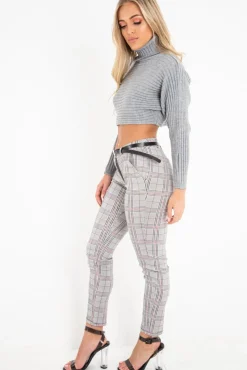 Rebellious Fashion Black Red Check Belted Skinny Trousers - Jayani