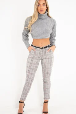 Rebellious Fashion Black Red Check Belted Skinny Trousers - Jayani