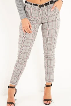 Rebellious Fashion Black Red Check Belted Skinny Trousers - Jayani