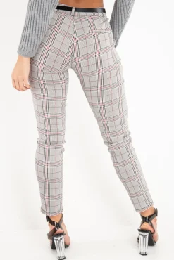 Rebellious Fashion Black Red Check Belted Skinny Trousers - Jayani
