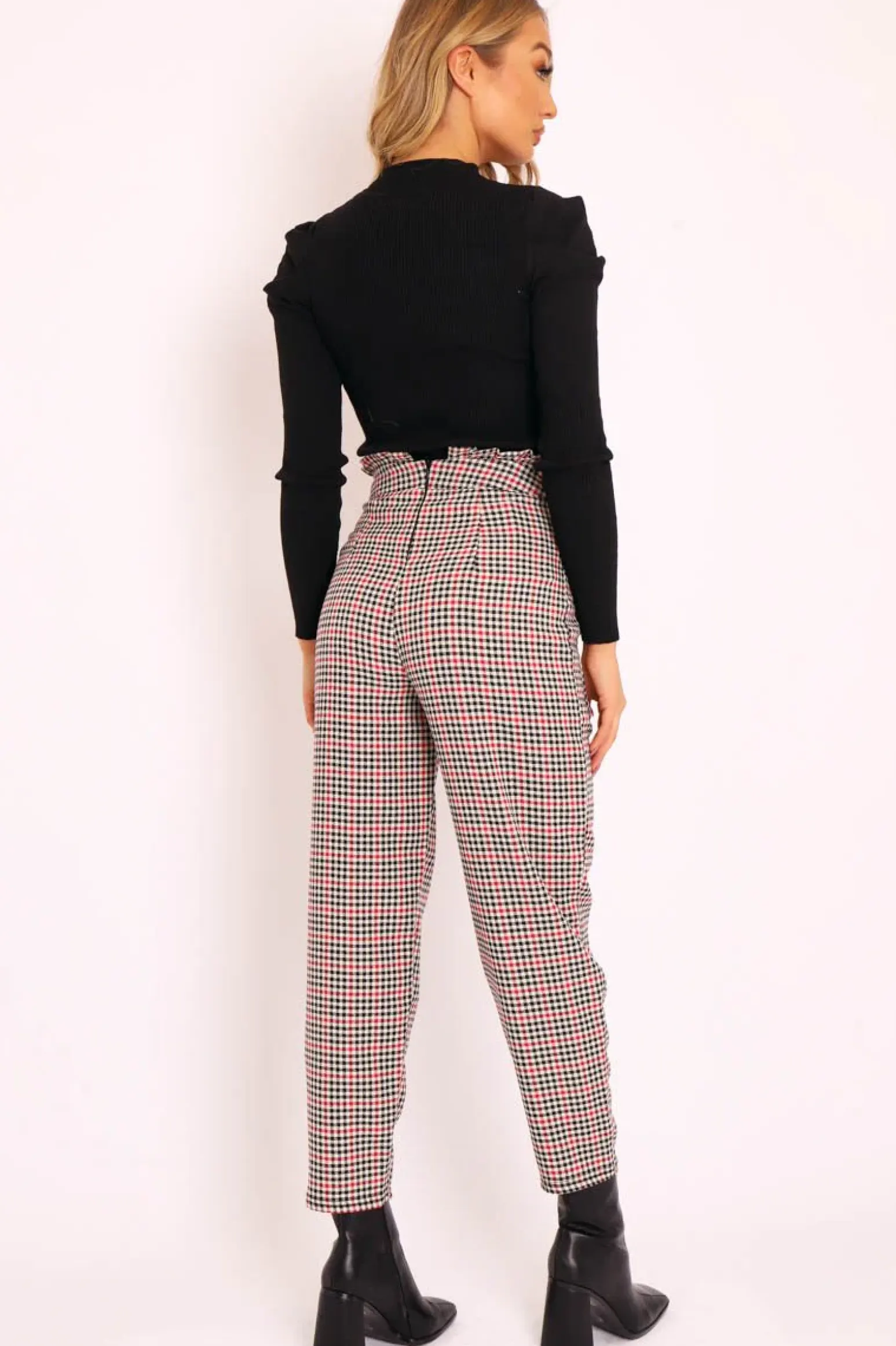 Rebellious Fashion Black Red Check Frill Detail Trousers - Bristal