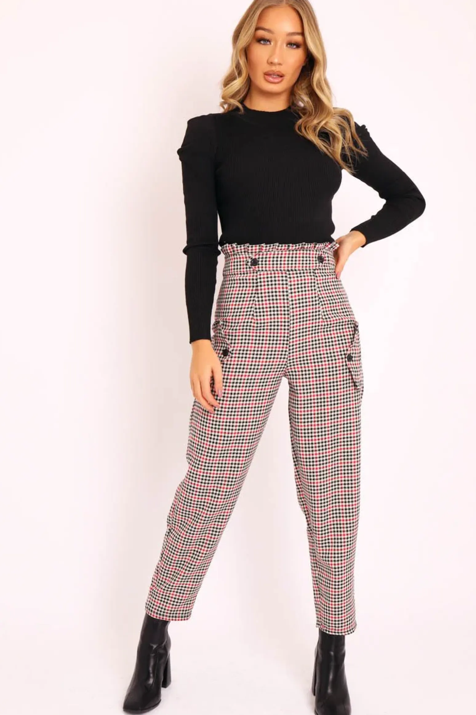Rebellious Fashion Black Red Check Frill Detail Trousers - Bristal