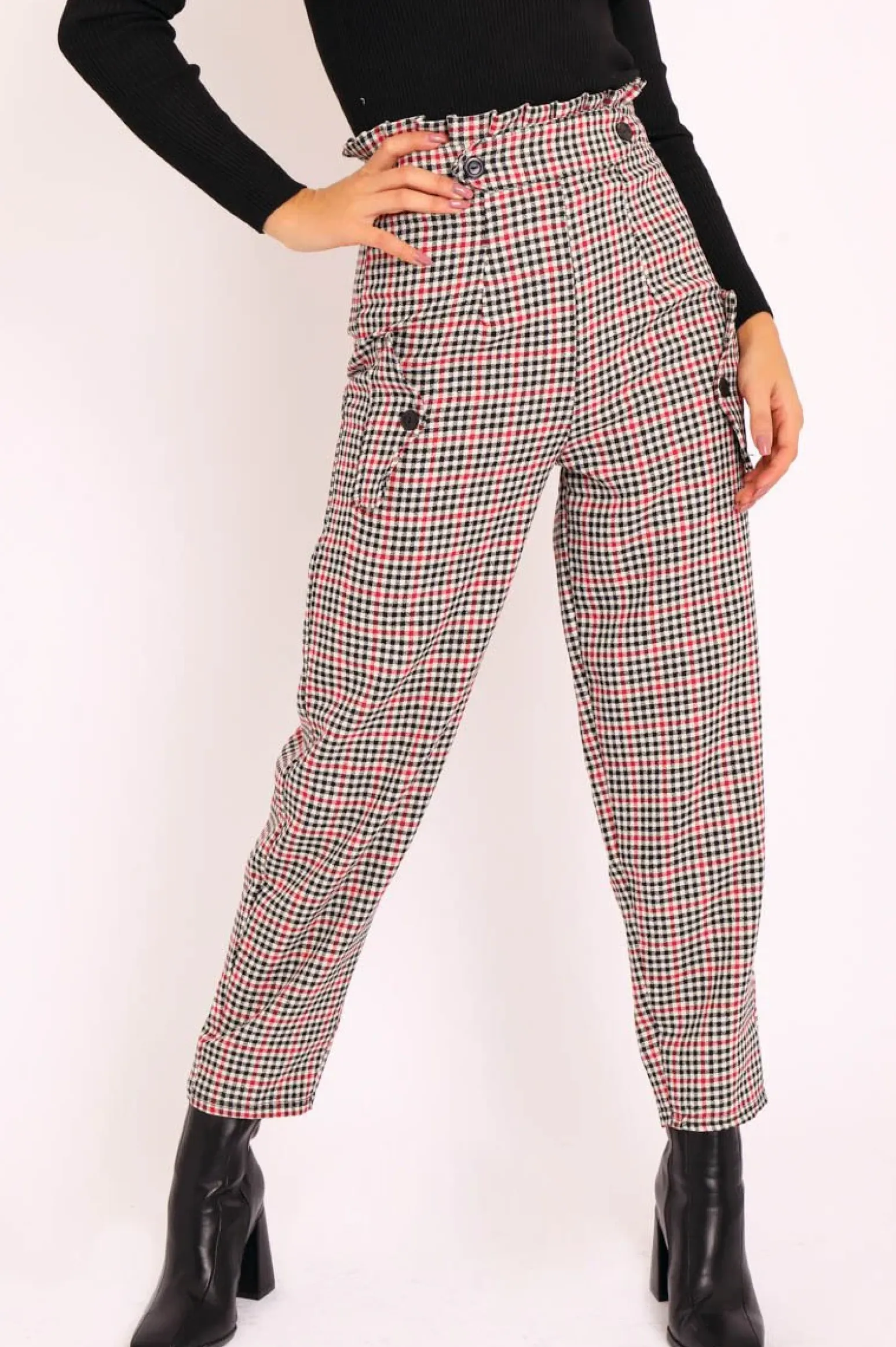 Rebellious Fashion Black Red Check Frill Detail Trousers - Bristal