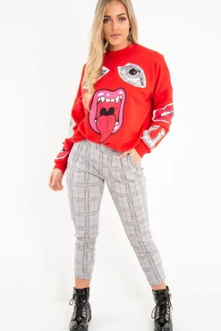 Rebellious Fashion Black Red Check Ruffle Waist Skinny Trousers - Lecy